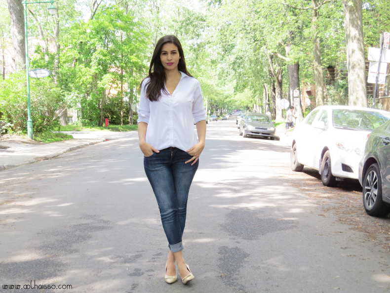 look camisa branca jeans e scarpin nude