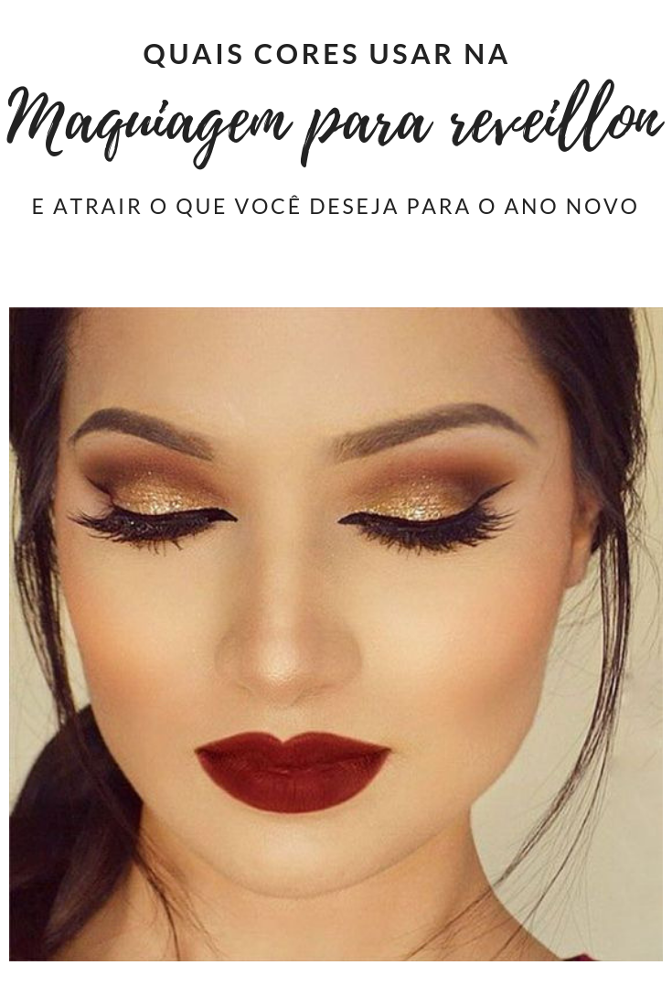 maquiagem para reveillon usando sombra dourada e batom vermelho