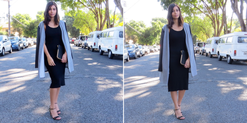 o que comprar na quintess - vestido preto justo midi e casaco