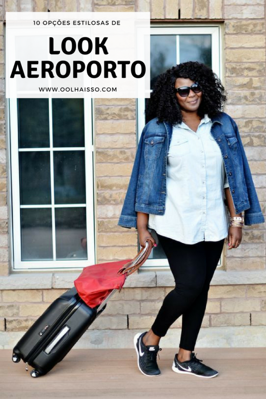 look aeroporto com legging preta e jaqueta jeans