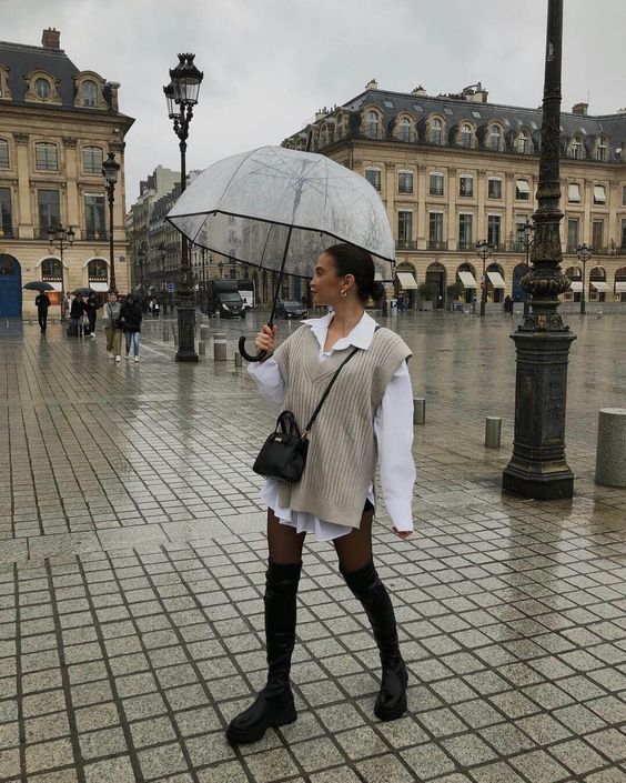 looks dias de chuva com meia calça e bota